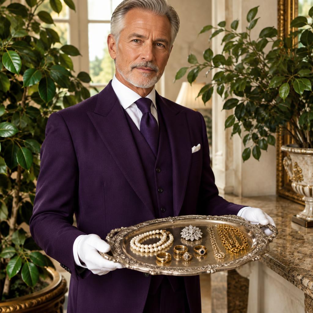 English butler presenting a silver platter of fine jewelry in a sunlit room with ficus plants